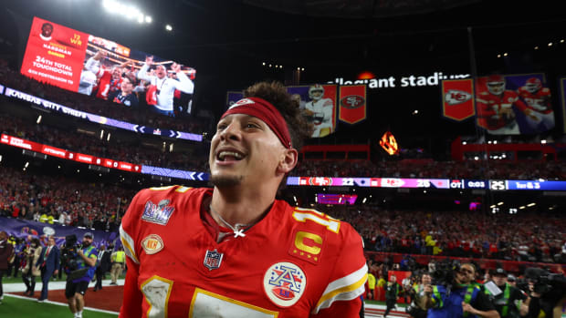 Kansas City Chiefs quarterback Patrick Mahomes celebrates after winning Super Bowl LVIII.